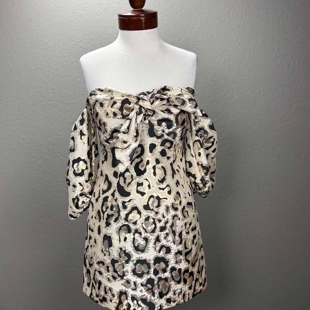 Bardot Leo Off the shoulder Leopard Puff sleeve Brocade Mini dress Sz 6 Party
